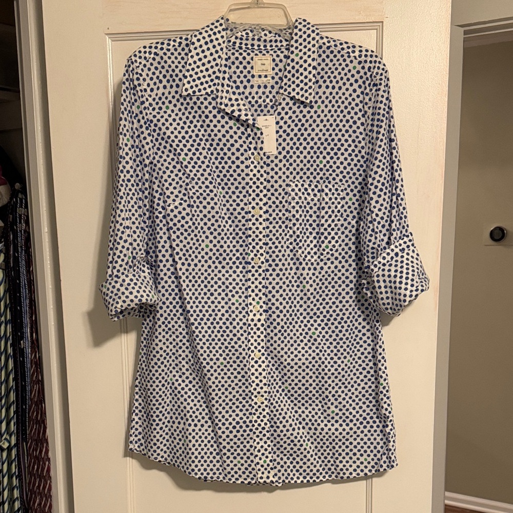 Blue and White Polka Dot Button-Up Shirt